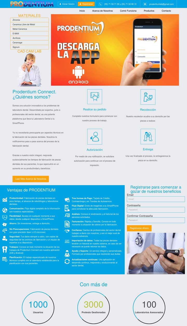 Screenshot del sitio web y aplicación móvil Prodentium